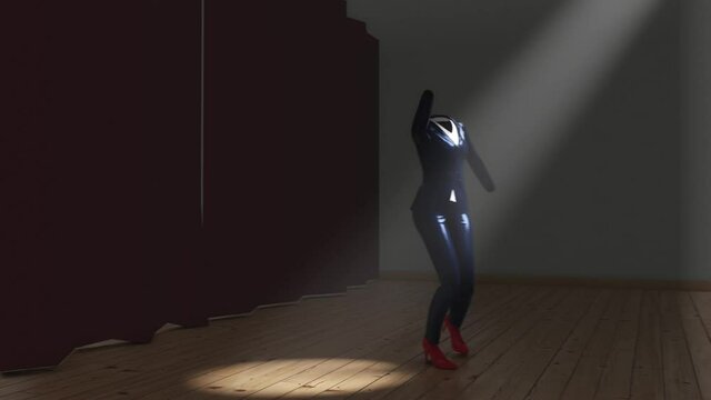 3d video render of abstract ballerina clothes dancing in a theater with camera movement, music and dance concept
