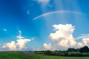 rainbow over the field with beautiful green grass blue sky and puffy white clouds