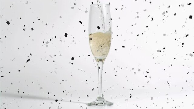 Animation of champagne glasses and champagne pouring, with confetti falling on white background