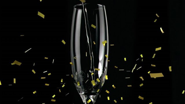 Animation of champagne glass and champagne pouring, with gold confetti falling on black background