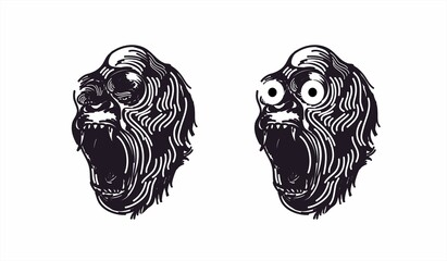 Scary monkey face, vector illustration. Animal monster logo. Symbols for a horror movie. Hairy furry Yetty creature.