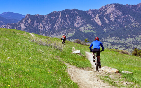 Mountain bikers on Marshall Mesa near Boulder, Colorado