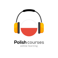 Polish language learning logo icon with headphones. Creative polish class fluent concept speak test and grammar