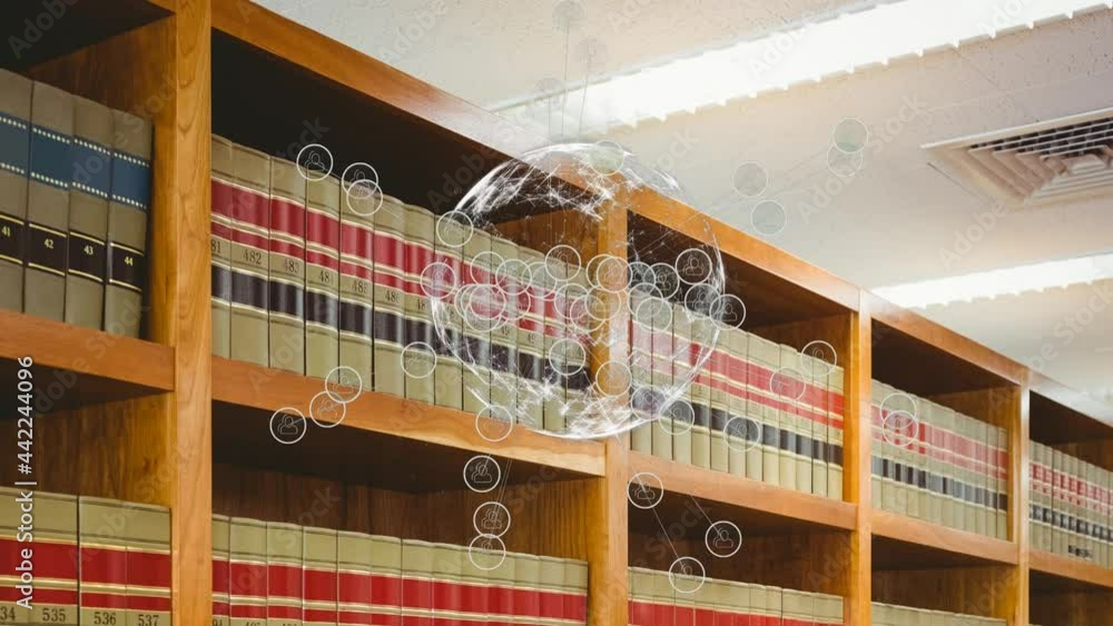 Poster animation of globe with network of connections over shelves with books in library