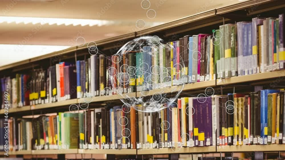 Aufkleber animation of globe with network of connections over shelves with books in library