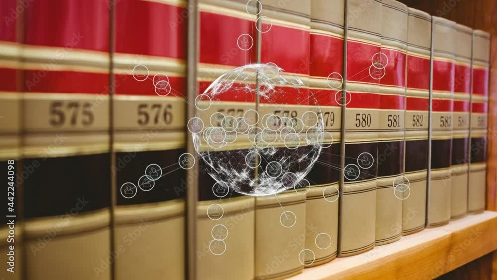 Poster animation of globe with network of connections over shelves with books in library