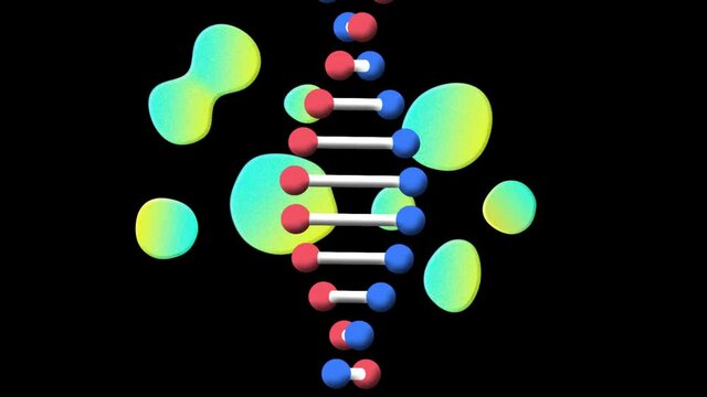Animation of rotating strand of dna and green virus cells on black background