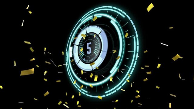 Animation of combination safe lock turning, with gold confetti falling on black background