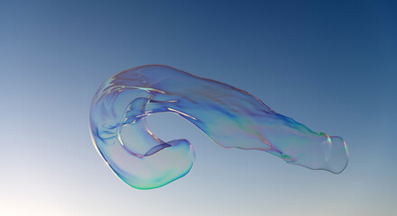Giant iridescent soap bubble fly in clear blue sky, soap-bubble