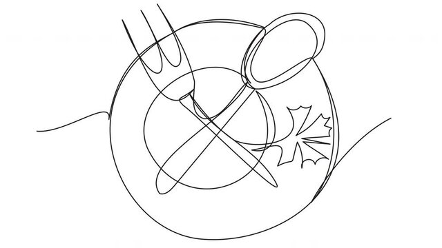Animation of the finished feast drawn in one line on a white background. 4K video of a dinner in a restaurant or cafe. Contour of plates, forks, spoons. Graphic power attributes for the clip.