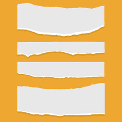 Set of torn ripped paper sheets of white color, notebook paper on orange background. Vector illustration