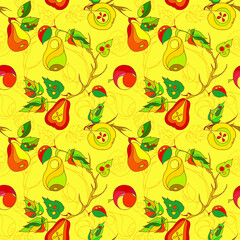 seamless botanical pattern of stylized apples and pears with leaves on a yellow background