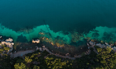 Fototapeta na wymiar Aerial view of drone. Top view beach sand and sea water texture on sandy beach. Izmir Ozdere