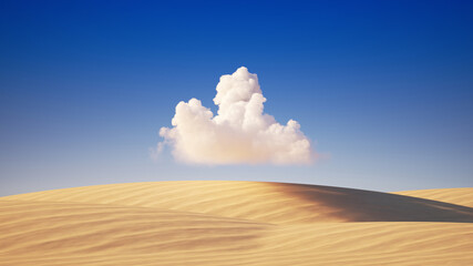 3d render, background of realistic landscape with sand dunes and white cloud on a blue sky. Desert panoramic view