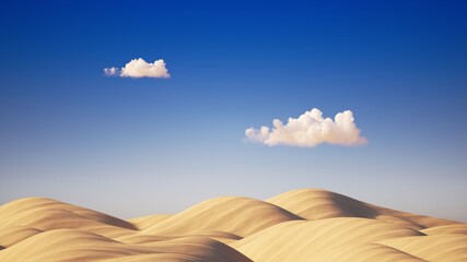 3d render, background of realistic landscape with white clouds on a blue sky above the sand dunes. Desert panoramic view © wacomka