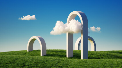 3D-Rendering, abstrakter Panoramahintergrund. Minimale Landschaft mit grünem Gras, Betonrundbögen und weißen Wolken am blauen Himmel. Moderne minimale Vitrinenszene © wacomka