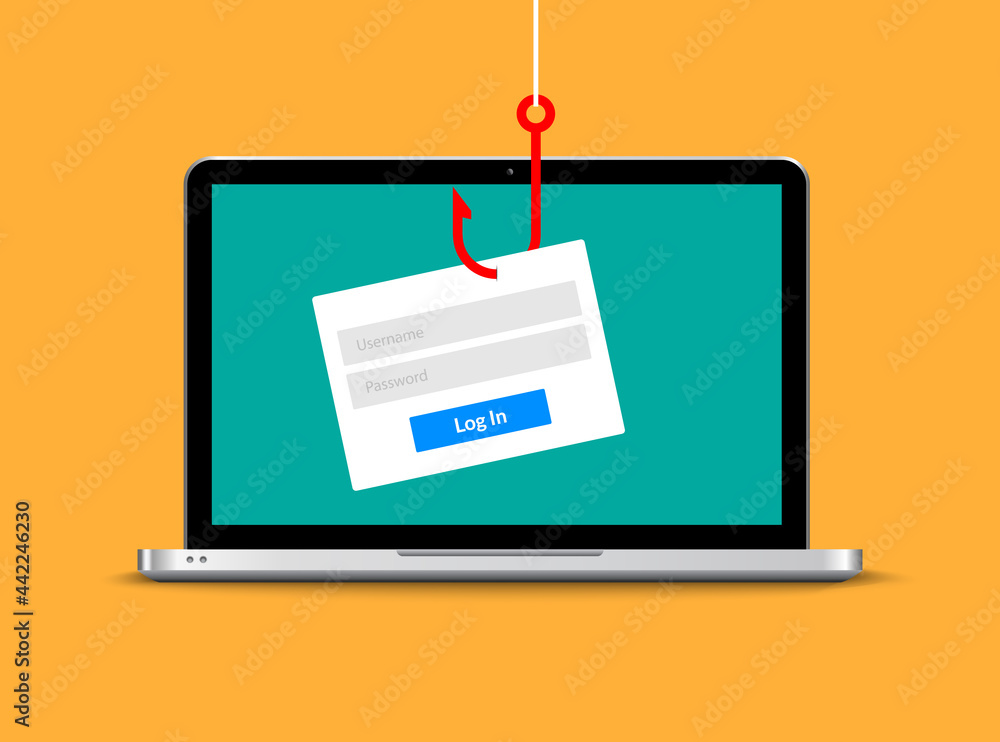Poster data phishing hacking online. scam envelope concept. computer data fishing hack crime