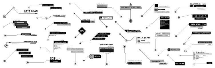 Template Callouts titles in futuristic style. Bar callouts labels for show information. Digital info bars HUD. Digital info boxes layout.UI HUD set. Template Information panel for text. Vector set