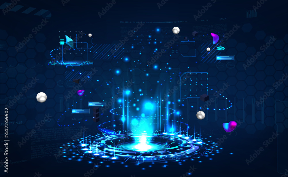 Poster sci-fi hologram podium template. futuristic circle 3d lab with projector podium for show your produc