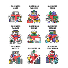 Business Education Set Icons Vector Illustrations. Business Quiz And Report, Office Event And Team, Woman With Tablet And Workspace. Growing Profit And Teamwork Color Illustrations