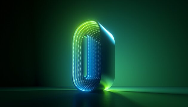 3d render, number zero null, green blue glowing neon light