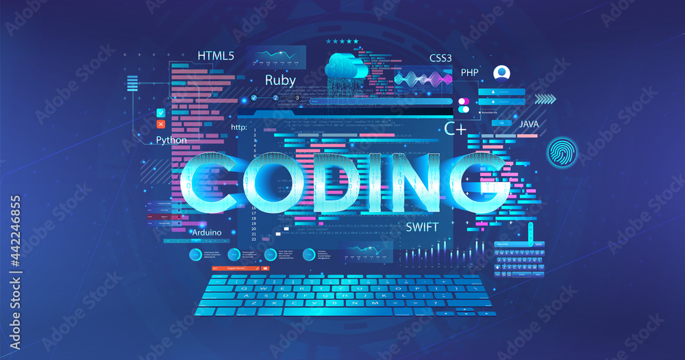 Poster Programming concept in different languages, artificial intelligence neural network coding. Process of learning, programming. Software development and AI networks. Online learning and coding. Vector