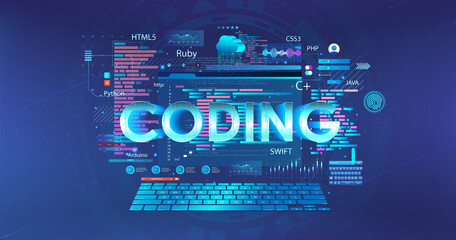 Programming concept in different languages, artificial intelligence neural network coding. Process of learning, programming. Software development and AI networks. Online learning and coding. Vector