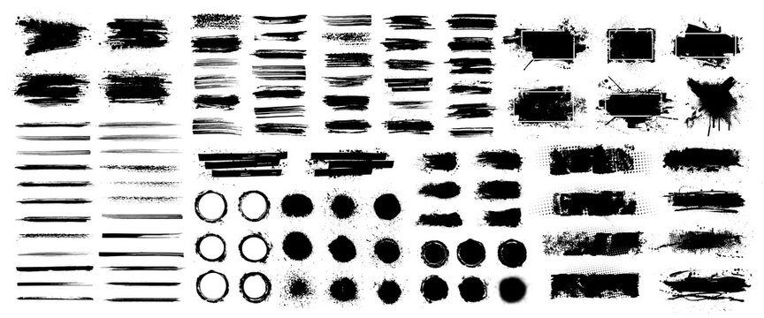 Dried brush strokes and splatter paint smudges for dirty design - logo, banners, flyers, cards, text box. Template hipsters stickers. Mud brushstroke, lines grunge, ink stencil, grunge. Vector set