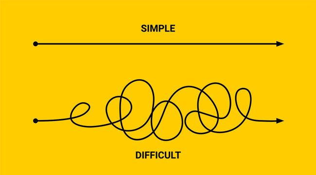 Simple or difficult way path concept. Easy simple difficult complicated problem doodle line vector arrow
