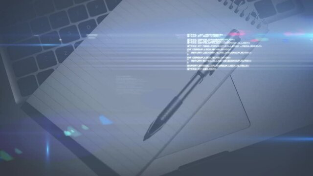 Animation of data processing over notebook and pen on desk