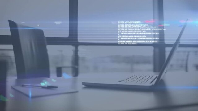 Animation of data processing over laptop on desk
