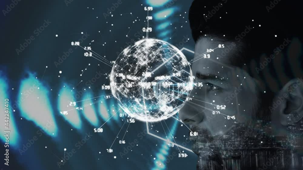 Poster animation of globe with network of connection over man's face