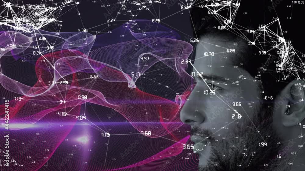 Poster animation of purple trails with network of connection over man's face