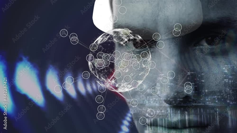 Poster animation of globe with network of connection over man's face
