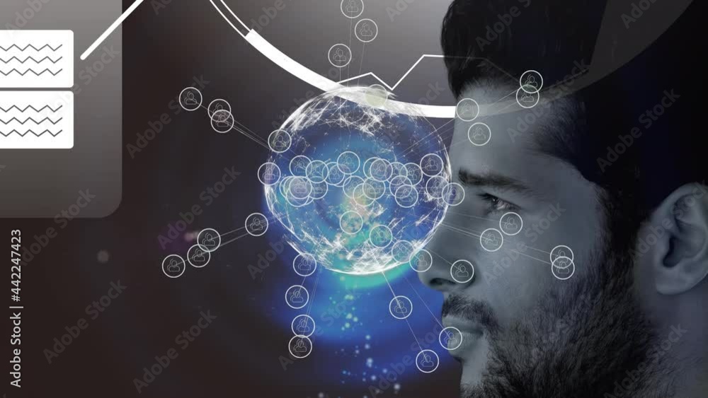 Poster animation of globe with network of connection over man's face
