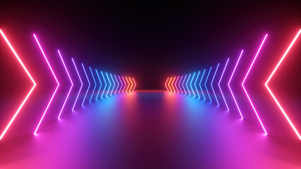 3d render, abstract panoramic pink blue red neon background with arrows showing forward direction