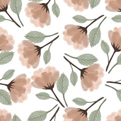 seamless pattern of peach flower and pastel green leaf for fabric design