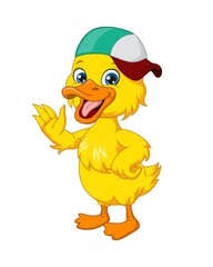 Cute baby duck cartoon wearing hat waving hand