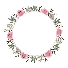 Fototapeta na wymiar circle frame with pink flower and plant border for greeting and wedding card