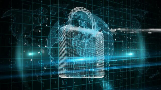 Animation of globe with online security padlock and network of connections