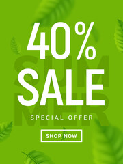 Summer sale banner background. Vector summer clearance 40 percent tropical special offer design