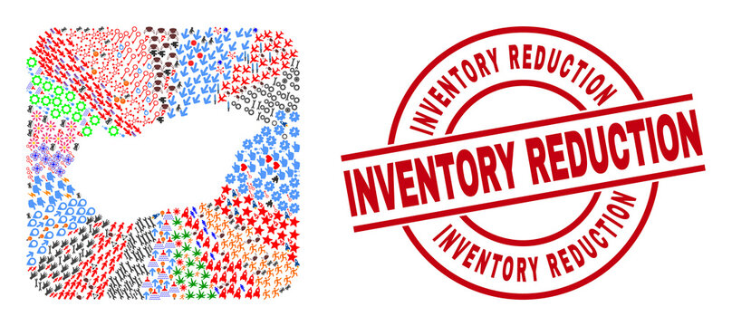 Vector collage Hungary map of different pictograms and Inventory Reduction seal. Collage Hungary map constructed as stencil from rounded square shape.