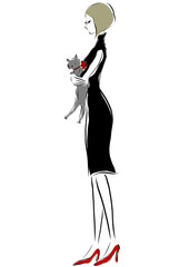 Stylish beautiful girl and cat. Fashion illustration.