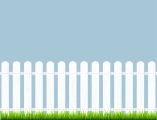 White fence with grass. Wooden picket background isolated farm garden barier illustration
