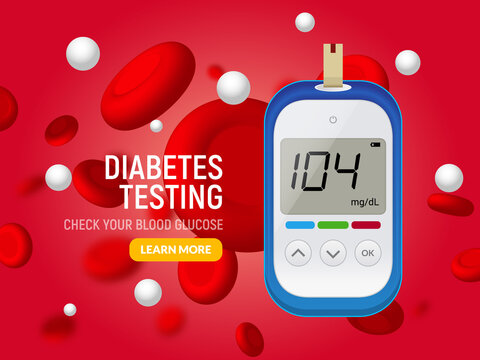 Glucose sugar test. Glucometer vector blood monitor. Diabetes sugar meter insulin control device illustration