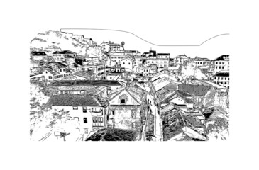 Building view with landmark of Herceg Novi is the 
town in Montenegro. Hand drawn sketch illustration in vector. - obrazy, fototapety, plakaty