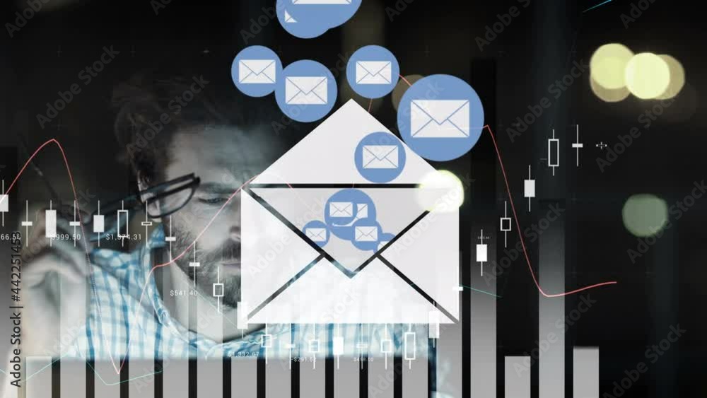 Poster animation of email envelope icons floating over data processing on graphs and man using computer