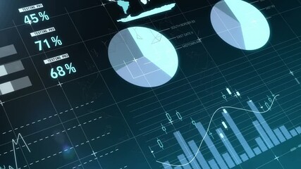 Animation of interface with statistical data and information processing on graphs and charts - Powered by Adobe