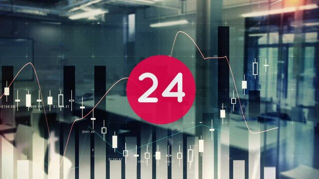 Animation of number count from 1 to 100 on red circle, over data processing on graphs and charts