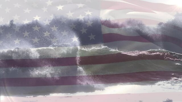 Animation of flag of america waving over breaking sea waves